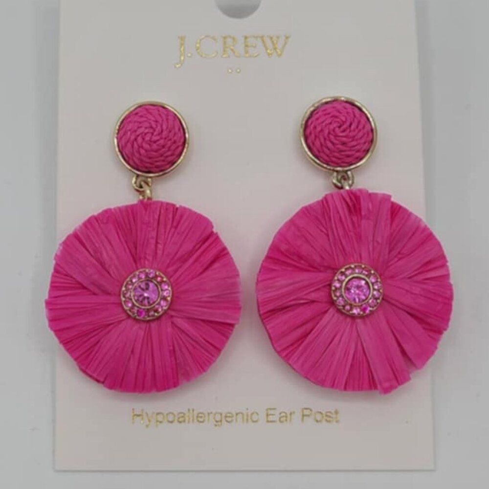 J Crew Factory Pink Raffia Earrings with Crystal Center NEW! NWT!